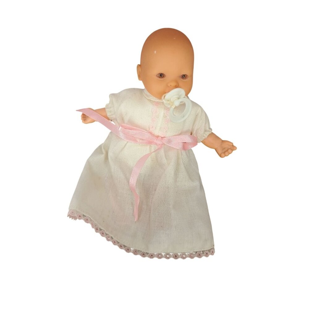 b.b. Made In Spain Vintage Newborn‎ Baby Girl 6" Doll White Dress Pink Ribbon